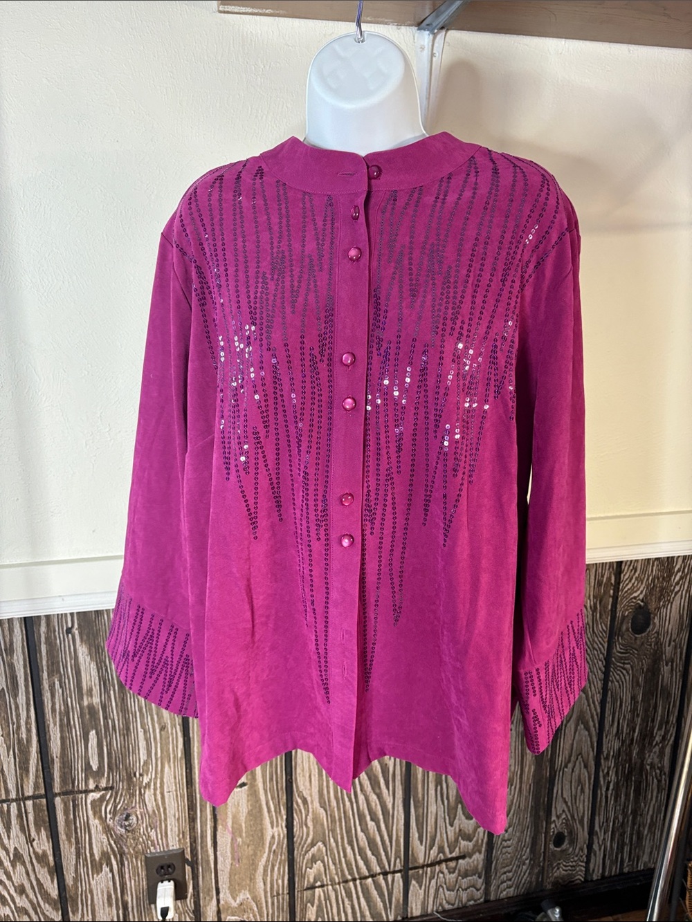 Bob Mackie Fuchsia Sequin-Striped Button-Down Top